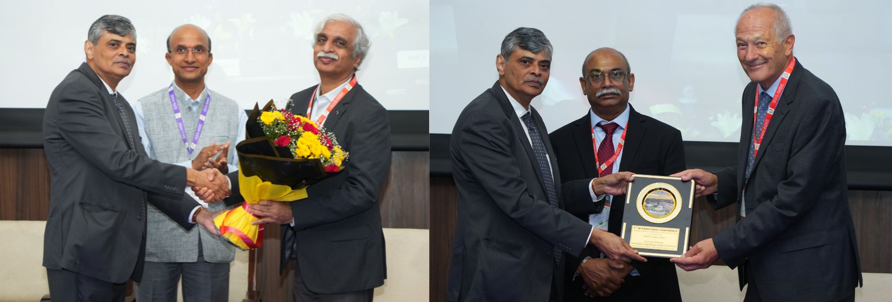 A group of men in suits at an award ceremony: on the left, one man hands flowers to another; on the right, three men hold a plaque together and smile for the camera