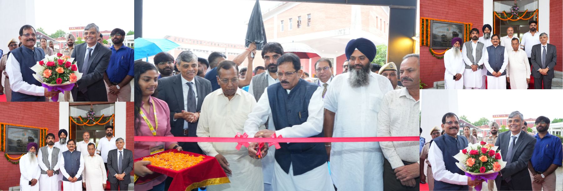 A group of dignitaries, including men in suits and traditional attire, participate in a ribbon-cutting ceremony. They are joined by students and staff, with flowers and trays visible in a festive outdoor setting.
